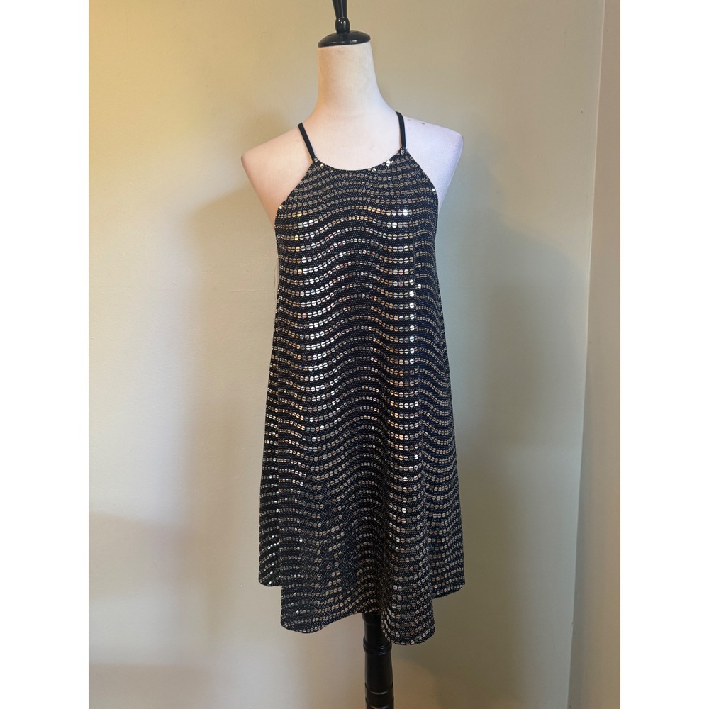 Y2k Silver Sequin Halter Mini Dress Black Metallic M party formal cocktail retro